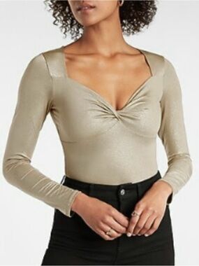 EXPRESS Body Contour Metallic Twist Front Thong Bodysuit. Shiny Olive-Gold